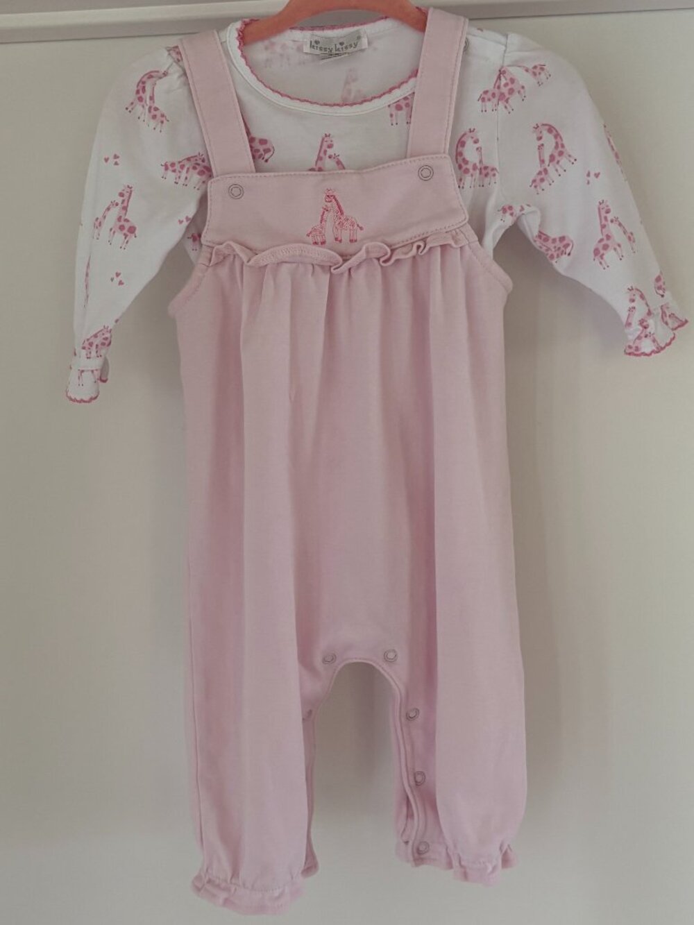 Kissy Kissy Pink Giraffe Embroidered Layered Jumper Romper Pima Cotton